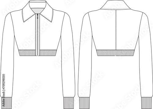 long sleeve zippered  short crop jacket template technical drawing flat sketch cad mockup fashion woman design style model leather denim jean