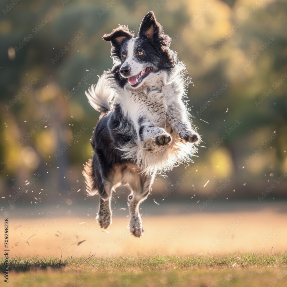 Active Border Collie dog, leaping mid-air catching a ball, full body shot, rural background