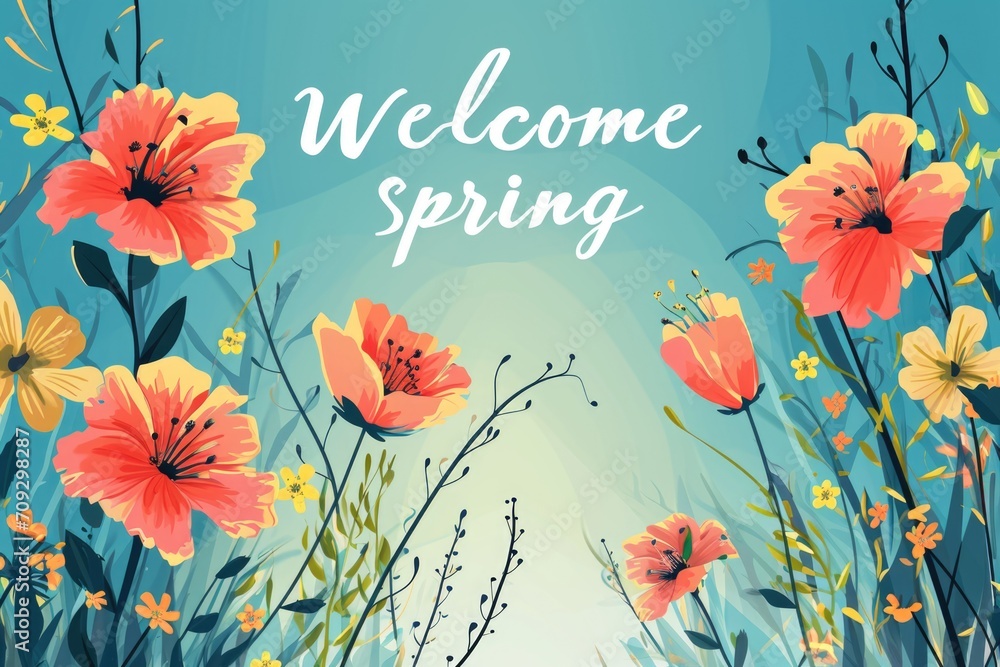Spring Welcome poster with flowers. Spring greeting card with flowers.