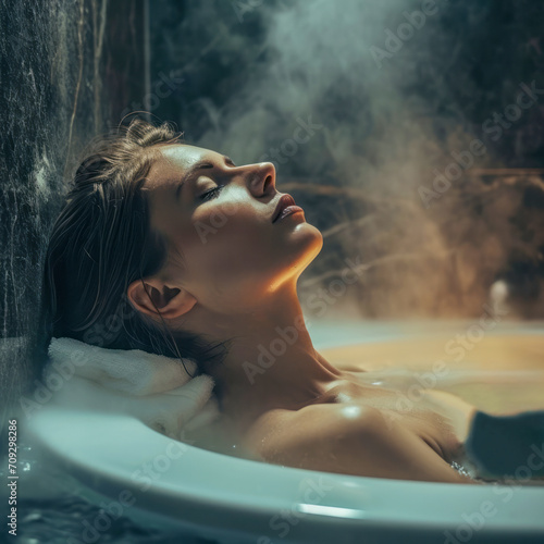Serene Spa Experience. Woman relaxing in steamy spa ambiance.