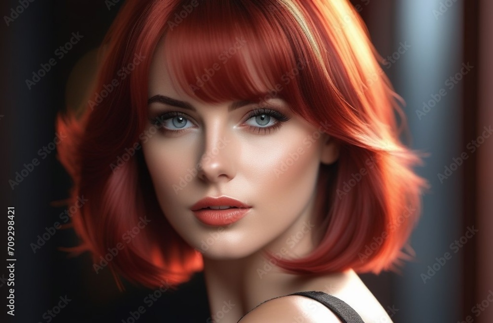 elegant woman, good face detail, daz3d, eyes in focus, red hair, short haircut with long bangs elegant woman, good face detail, daz3d, eyes in focus, red hair, short haircut with long bangs