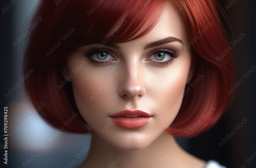 elegant woman, good face detail, daz3d, eyes in focus, red hair, short haircut with long bangs