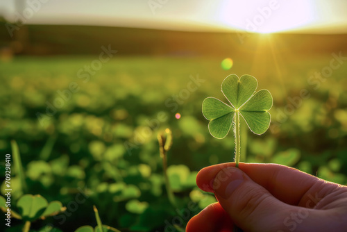 St Patrick's Day symbol and good luck charm, bright four-leaf clover against golden and sunny bokeh, background with room for text, soft focus. In concept of Earth hour. photo