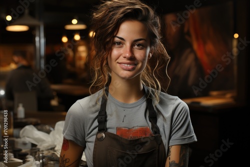 A cheerful woman wearing a floral apron serves up delectable dishes with a warm smile in a bustling restaurant, exuding the essence of hard work and hospitality