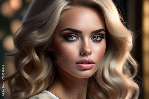 elegant woman, good face detail, eyes in focus, with long ash blonde hair 