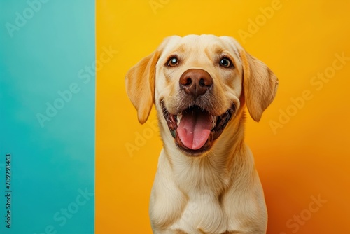 Labrador retriever dog on yellow and blue background with copy space. © lublubachka