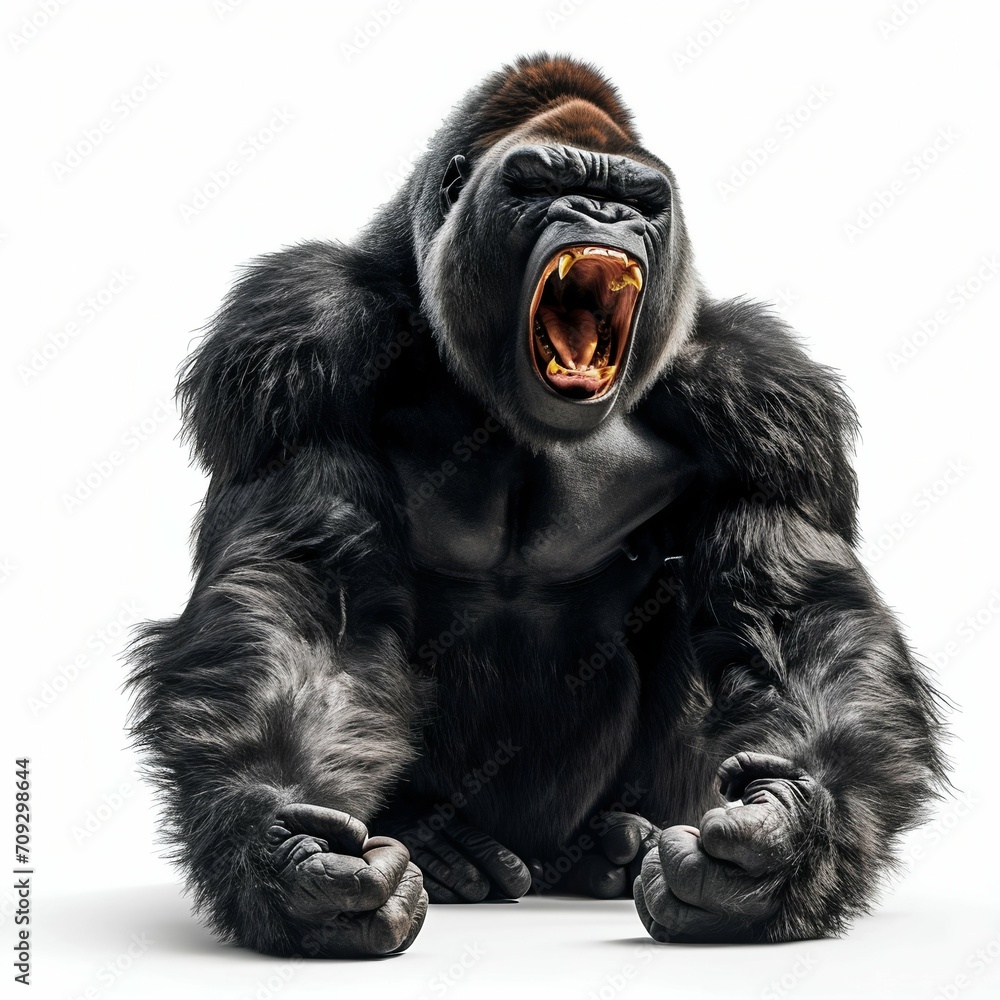 Fototapeta premium Imposing Gorilla Roaring Fiercely Isolated on White. Generative ai