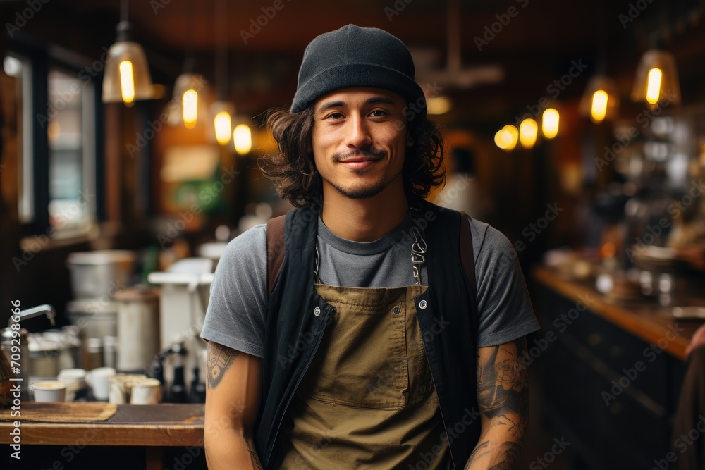 A chef's infectious smile lights up the bustling kitchen of a trendy restaurant as he proudly wears his signature hat and apron, preparing delicious food for eager patrons