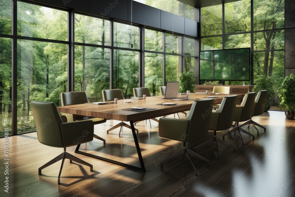 A modern conference room filled with sleek furniture and a large window overlooking a lush tree, boasting a perfect blend of interior design and natural elements