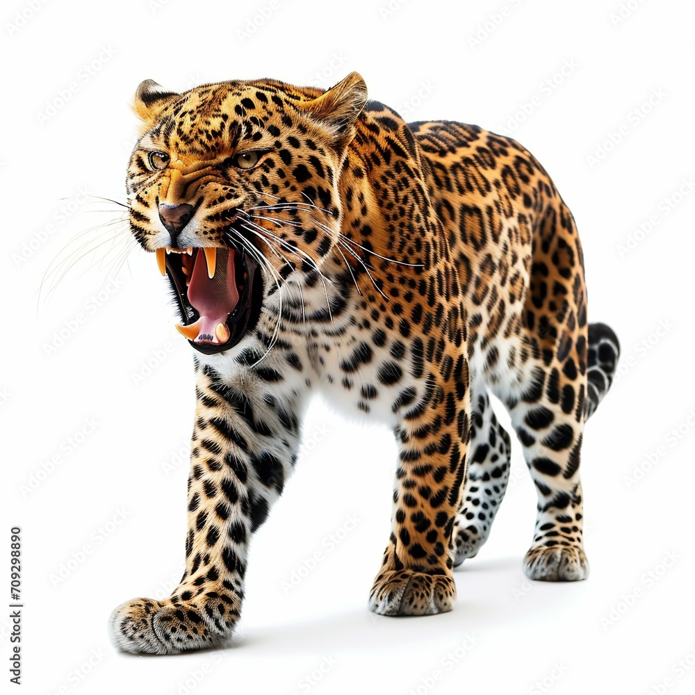 Obraz premium Leopard Roaring Isolated on White Background. Generative ai