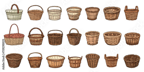 Decorative rustic baskets. Isolated basket for garden or harvest, flowers and mushrooms. Cartoon sketch eco boxes, vector planting equipment