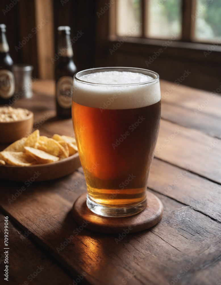 Craft beer in glass with snacks on a wooden pub table

