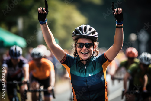 Joyful woman cyclist raising arms in triumph.
