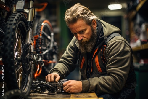 A skilled technician in casual clothing meticulously tends to a bicycle wheel indoors, demonstrating his passion for mechanics and attention to detail