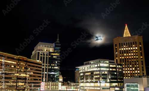 Downtown Boise Skyline at night with full moon