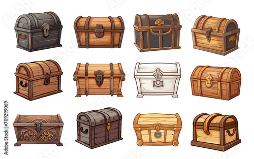 Interior wooden chests set. Isolated chest pirate or princess, medieval castle different furniture elements. Box for fabrics and jewelry, vector decor clipart