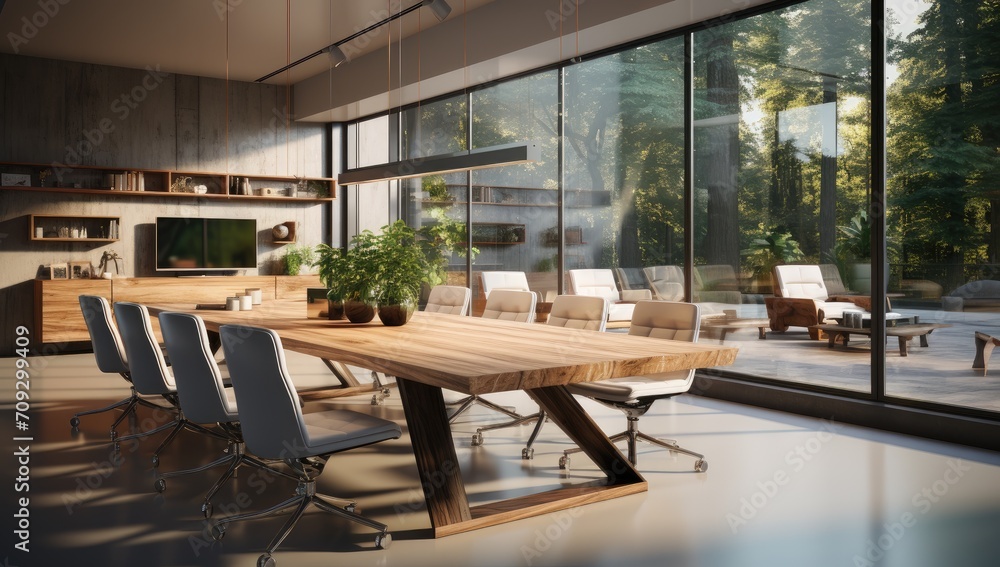 A sleek and modern conference room boasts a stunning coffee table, stylish chairs, and ample natural light pouring in from the floor-to-ceiling windows, creating an inviting and professional atmosphe