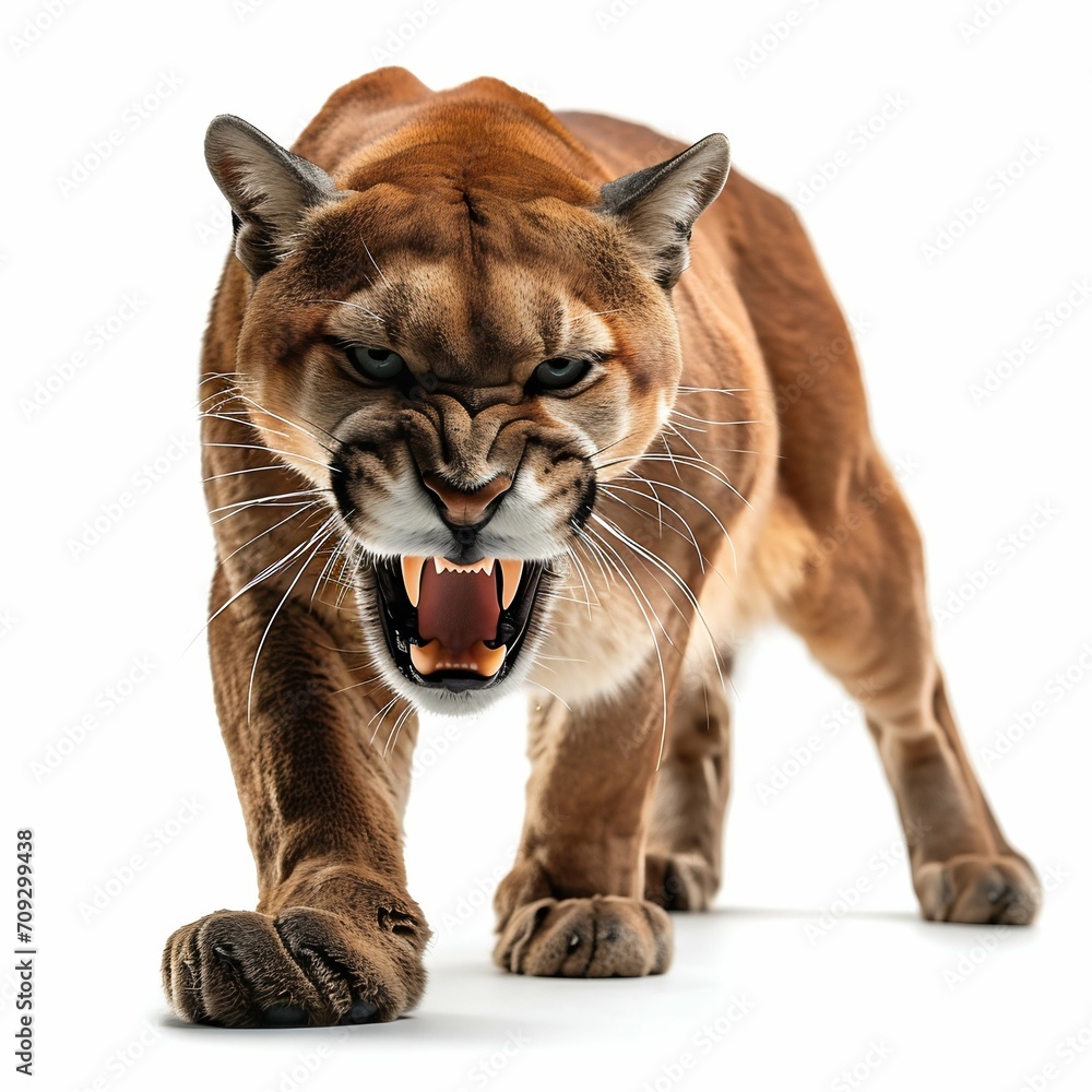 Obraz premium Puma on the Prowl Roaring Isolated on White Background. Generative ai