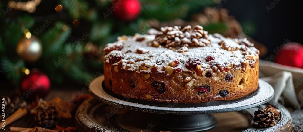 German Christmas cake, made with nuts, spices, dried fruits, and powdered sugar