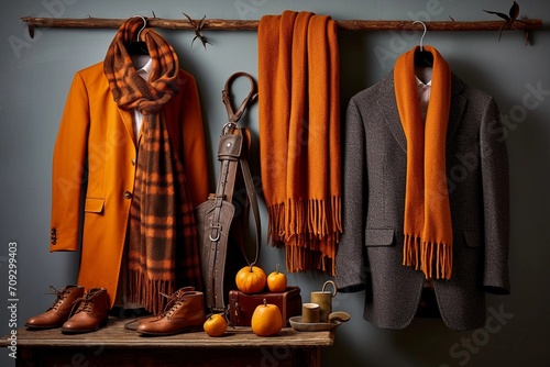 Men's brown coat and accessories on gray background, flat lay