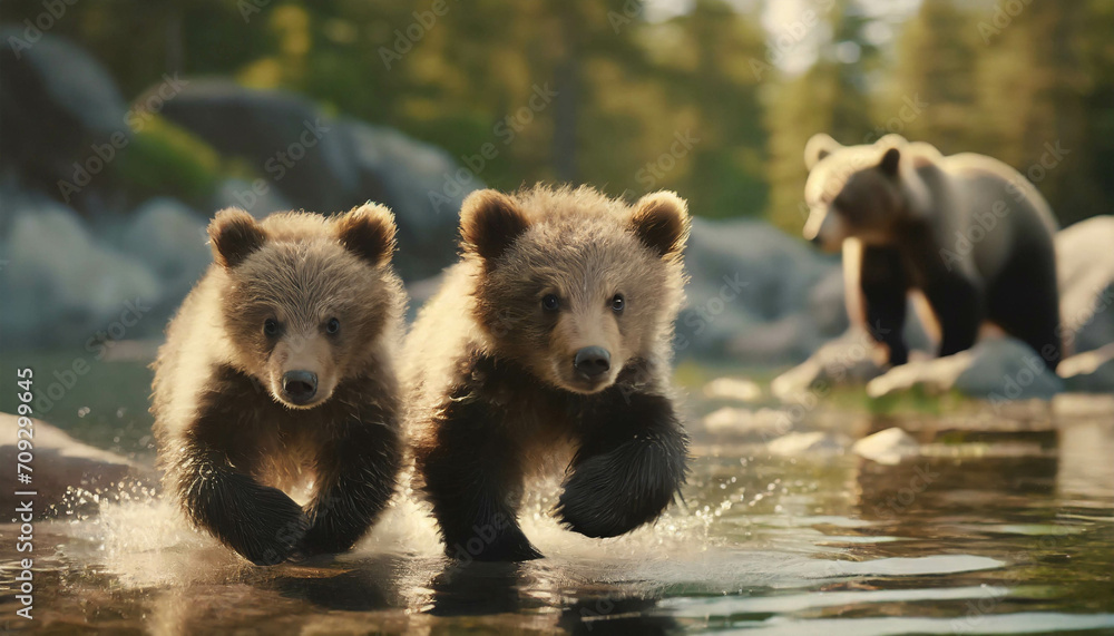 Obraz premium Young brown bears at river .ai generated