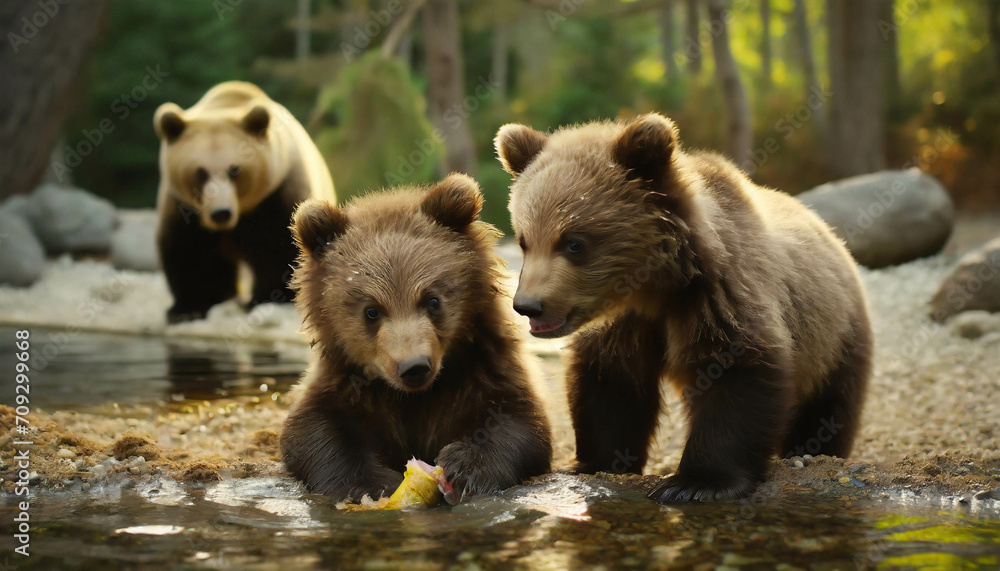 young bears eating fish at river .ai generated young bears eating fish at river .ai generated