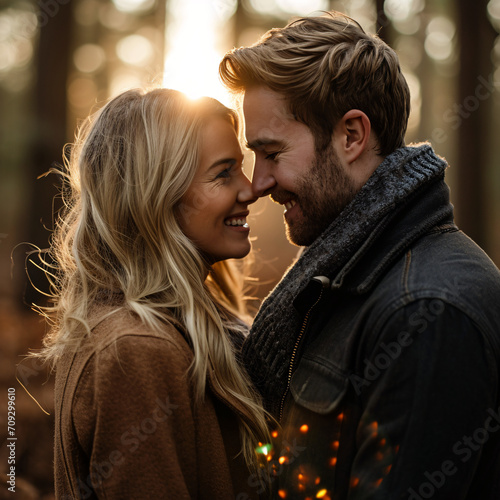A newly engaged couple having their photo taken outdoors.