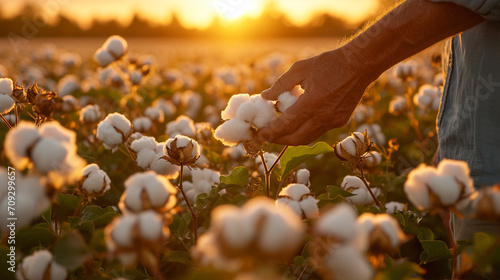 A farmer carefully inspecting cotton bolls in the early morning light, emphasizing the hands-on care and attention given to the cotton plants during the crucial stages of cultivati photo