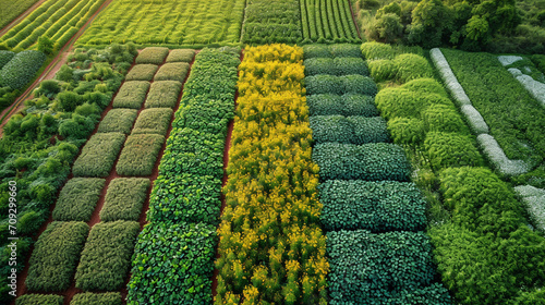 An aerial perspective of a cotton farm quilted with patterns of vibrant green and white, showcasing the geometric beauty of the crops as they progress through different stages of g