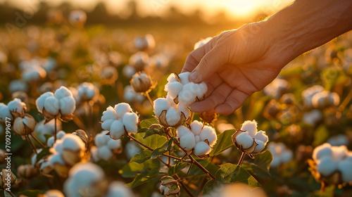 A close-up shot of cotton bolls being delicately handpicked by skilled farmworkers, emphasizing the human touch and precision involved in the manual harvesting of this valuable cro photo