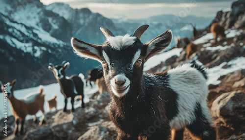 Group of young goats in mountain landscape .ai generated