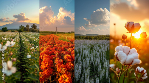 A montage of cotton plantations from different regions, showcasing the diverse landscapes and climates in which cotton is cultivated, emphasizing the global nature of cotton produc photo
