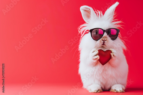 Cool bunny in shades clutching a shiny heart, set against a playful pink backdrop © Ms_Tali