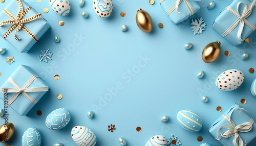 Easter background with light blue, gift boxes, and gold eggs   top view flat lay with space for text