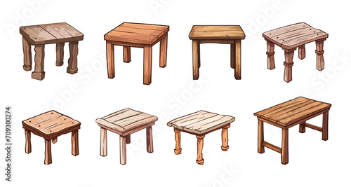 Wooden kitchen tables set. Isolated cartoon medieval dining room furniture from natural wood. Massive desks, vector table elements