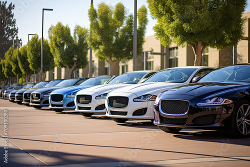 Cars in the street parking lot. Side view.