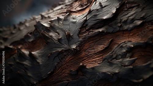 A close-up of the texture and details of a weathered tree bark in a mystical forest -Generative Ai