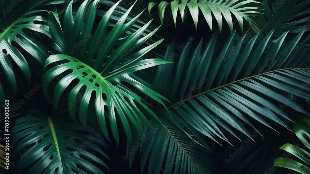 Fototapeta premium Tropical leaves in dark colors.