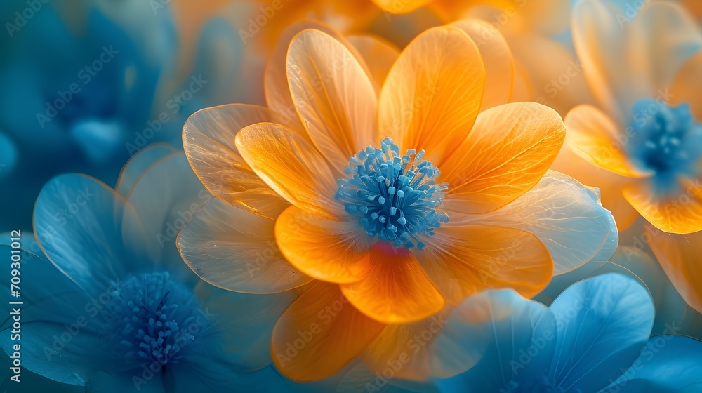 Fototapeta premium Vibrant Orange and Blue Blossoms Macro Photography
