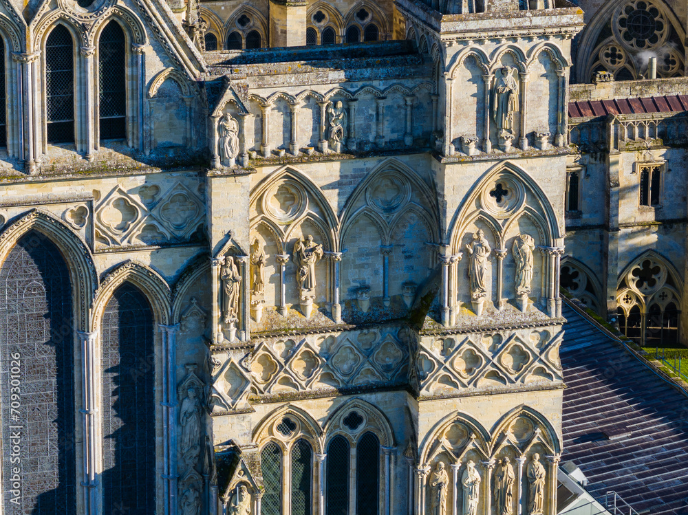 Aerial telephoto shot of Salisbury Cathedral architecture