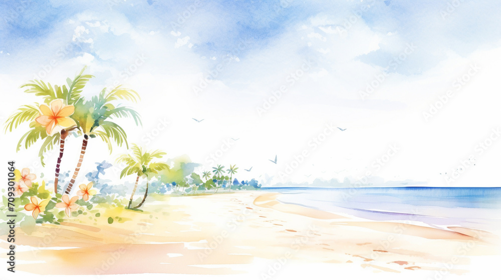 Beach and gardens, Cartoon drawing, Water color style, AI Generated