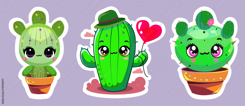 set kawaii cactus, cacti green stickers set kawaii cactus, cacti green stickers