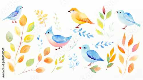 Birds and leaves  Cartoon drawing  Water color style  AI Generated