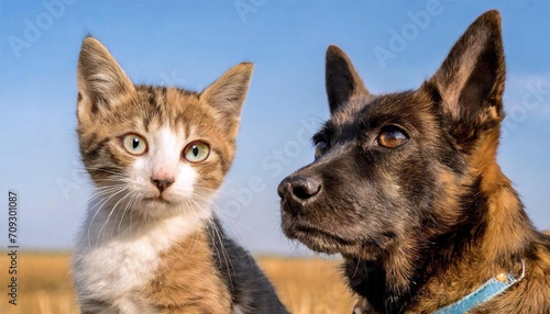 small kitten and large dog hanging out, 16:9 widescreen wallpaper / background