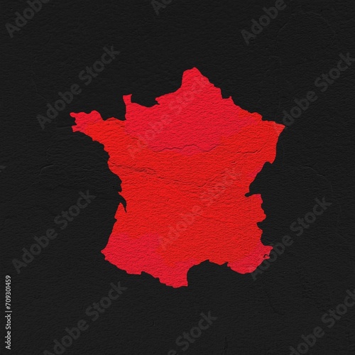 France red map on isolated black textured background. High quality coloured map of France.