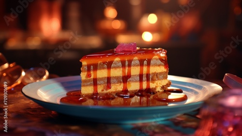 A close-up shot of the layers in a heavenly slice of gulab jamun cheesecake  highlighting the velvety texture  decadent layers  and glistening syrup drizzle -Generative Ai