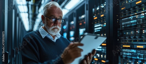 Elderly admin uses tablet to analyze server cyber threats caused by unsecure network connections. Skilled employee safeguards high-tech area from DDoS attacks.