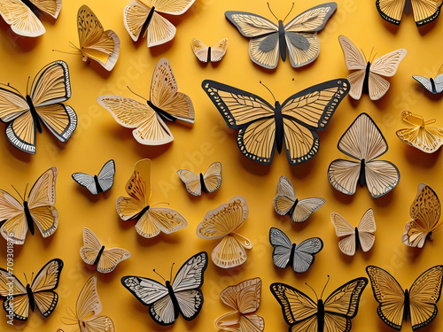 Whimsical Paper Cut Butterflies Dancing on a Sunny Yellow Canvas