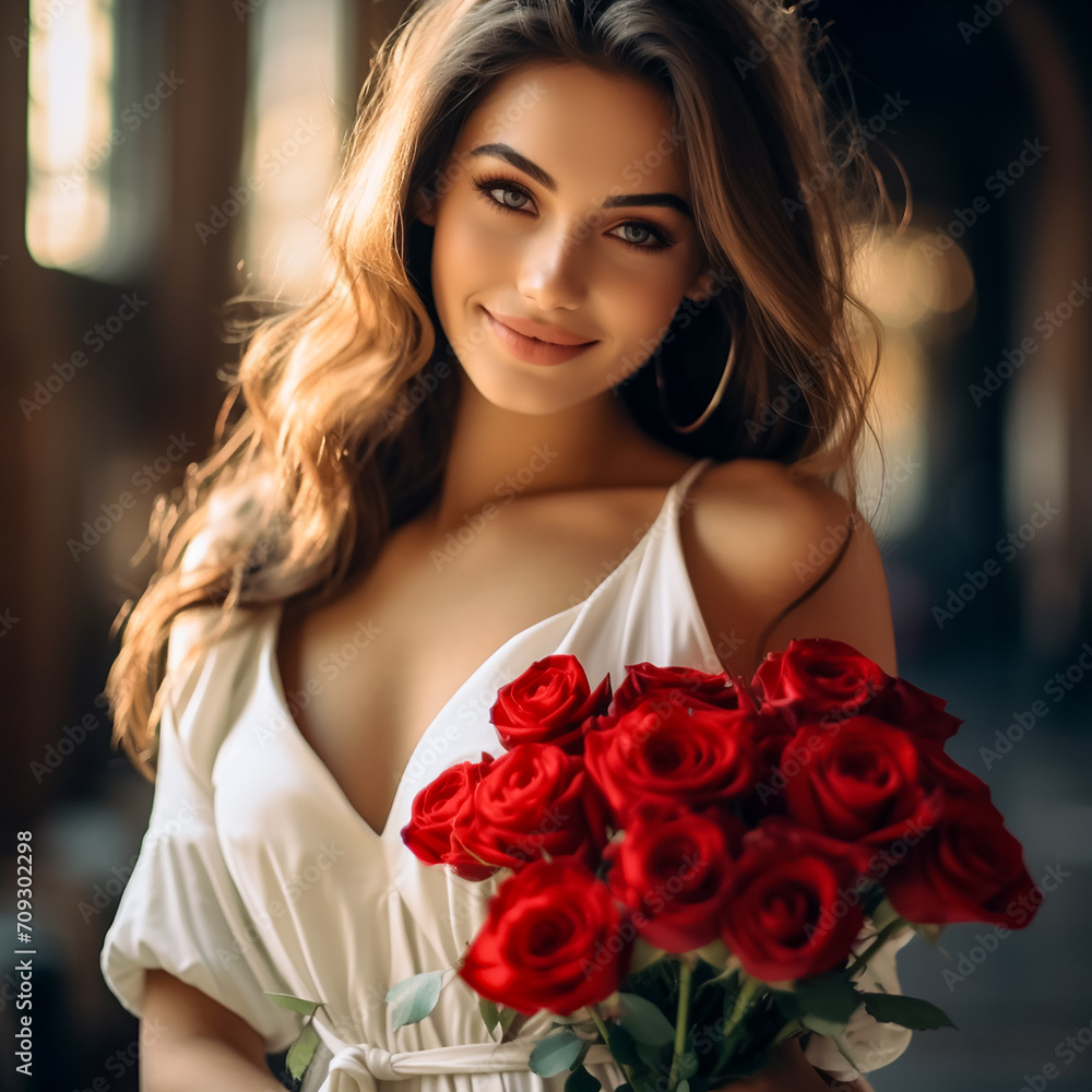 girl in a white dress with a bouquet of roses. holiday. birthday. Valentine's Day girl in a white dress with a bouquet of roses. holiday. birthday. Valentine's Day