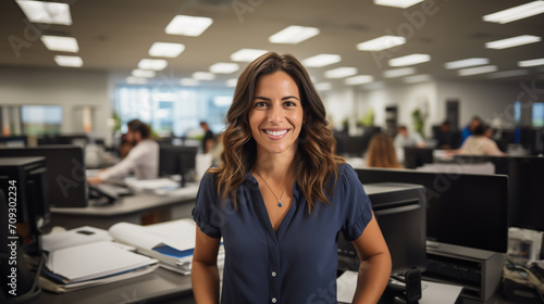 Latina business woman smiling in an office out of focus photo